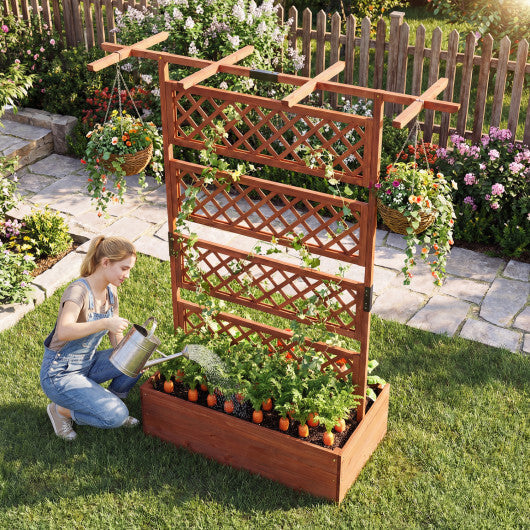 Wooden Planter Box with Lattice Trellis Raised Garden Bed Privacy Screen with Flat Roof-Brown W2B