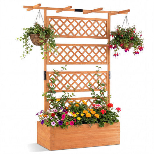 Wooden Planter Box with Lattice Trellis Raised Garden Bed Privacy Screen with Flat Roof-Brown W2B