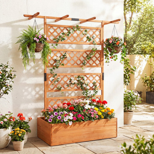 Wooden Planter Box with Lattice Trellis Raised Garden Bed Privacy Screen with Flat Roof-Brown W2B