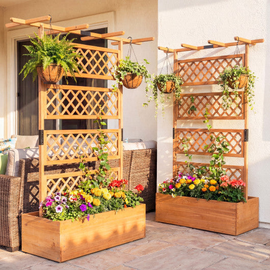 Wooden Planter Box with Lattice Trellis Raised Garden Bed Privacy Screen with Flat Roof-Brown W2B