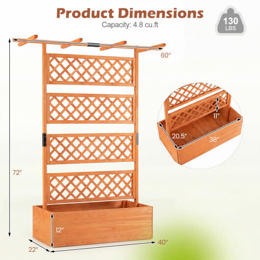 Wooden Planter Box with Lattice Trellis Raised Garden Bed Privacy Screen with Flat Roof-Brown W2B