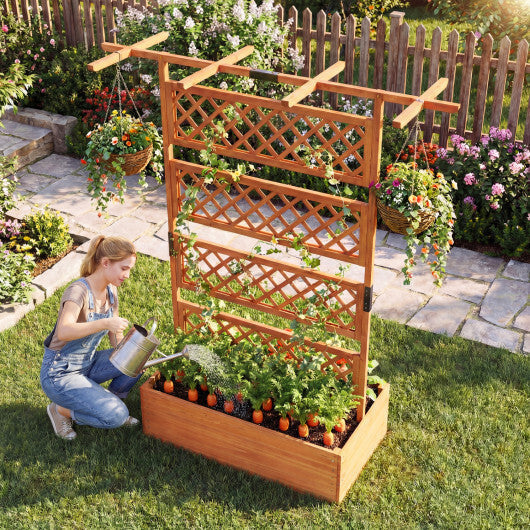 Wooden Planter Box with Lattice Trellis Raised Garden Bed Privacy Screen with Flat Roof-Brown W2B