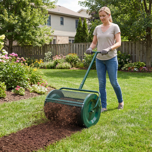 Compost Spreader 24 Inch Peat Moss Spreader Roller with Height-adjustable T-shape Handle-Green W2B