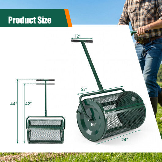 Compost Spreader 24 Inch Peat Moss Spreader Roller with Height-adjustable T-shape Handle-Green W2B