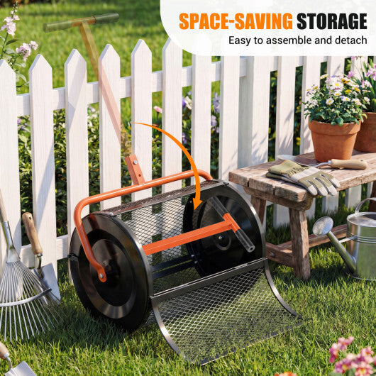 Compost Spreader 24 Inch Peat Moss Spreader Roller with Height-adjustable T-shape Handle-Green W2B