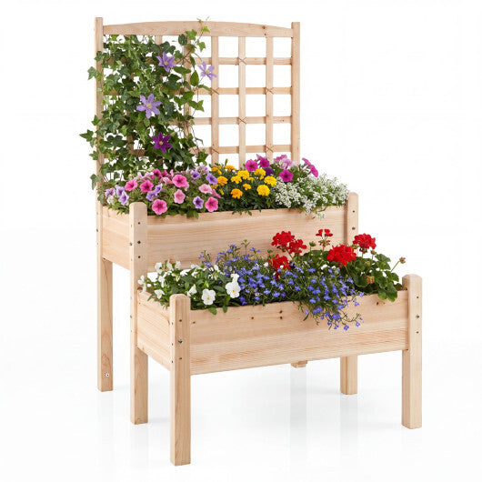 Raised Garden Bed with Trellis 2-Tier for Outdoor Climbing Plants-Natural W2B