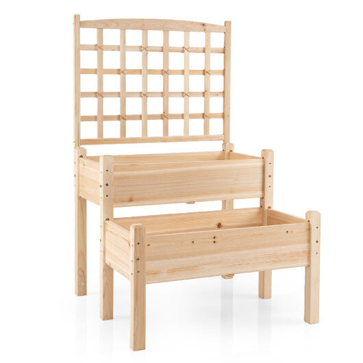 Raised Garden Bed with Trellis 2-Tier for Outdoor Climbing Plants-Natural W2B