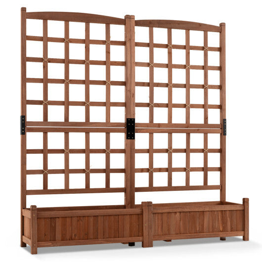 Outdoor Dual Wooden Raised Garden Bed with Trellis and Drainage Holes-Rustic Brown W2B