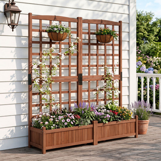 Outdoor Dual Wooden Raised Garden Bed with Trellis and Drainage Holes-Rustic Brown W2B