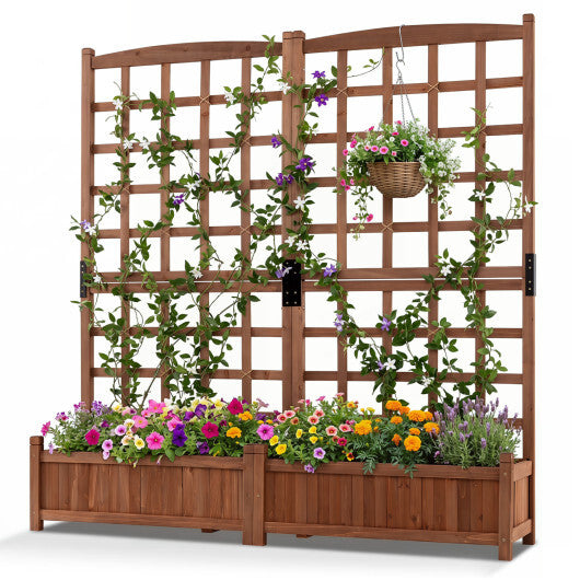 Outdoor Dual Wooden Raised Garden Bed with Trellis and Drainage Holes-Rustic Brown W2B