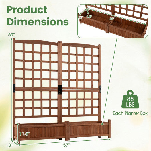 Outdoor Dual Wooden Raised Garden Bed with Trellis and Drainage Holes-Rustic Brown W2B