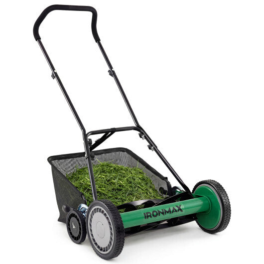 18 Inch Push Reel Lawn Mower 4-Position Adjustable with Removable Grass Catcher-Green W2B
