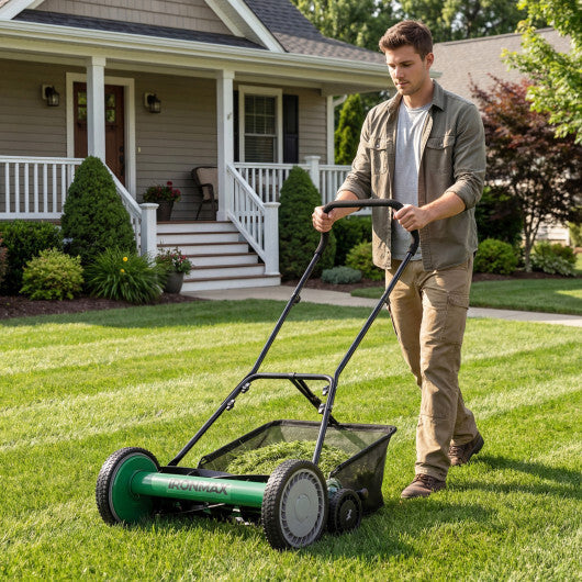 18 Inch Push Reel Lawn Mower 4-Position Adjustable with Removable Grass Catcher-Green W2B