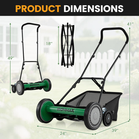 18 Inch Push Reel Lawn Mower 4-Position Adjustable with Removable Grass Catcher-Green W2B