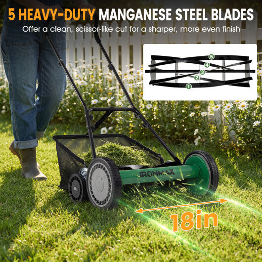 18 Inch Push Reel Lawn Mower 4-Position Adjustable with Removable Grass Catcher-Green W2B