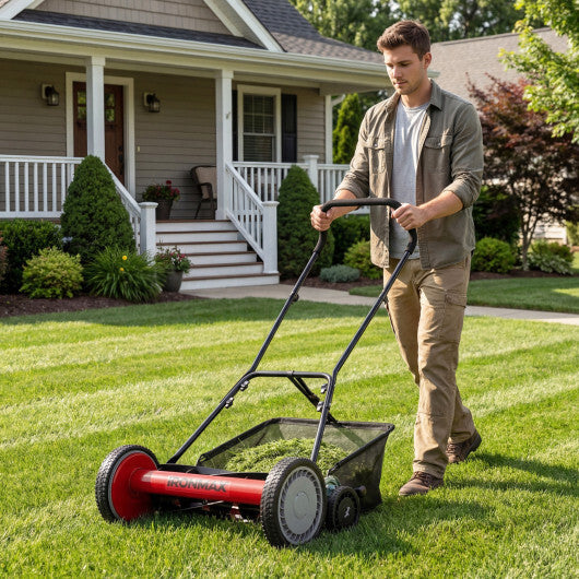 18 Inch Push Reel Lawn Mower 4-Position Adjustable with Removable Grass Catcher-Green W2B