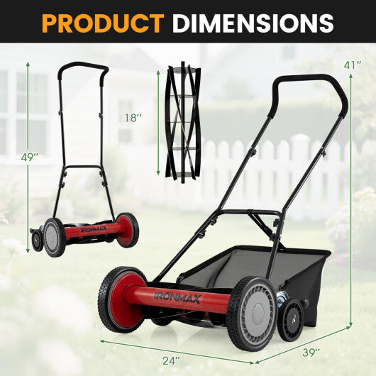 18 Inch Push Reel Lawn Mower 4-Position Adjustable with Removable Grass Catcher-Green W2B
