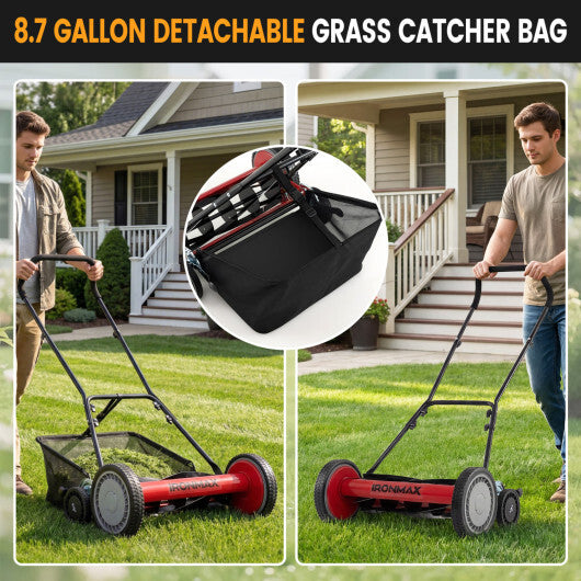 18 Inch Push Reel Lawn Mower 4-Position Adjustable with Removable Grass Catcher-Green W2B
