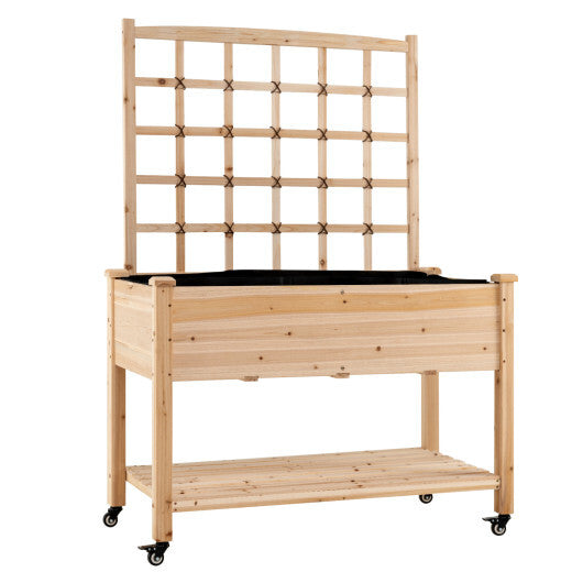 Wooden Mobile Raised Garden Bed on Wheels with Trellis-Natural W2B
