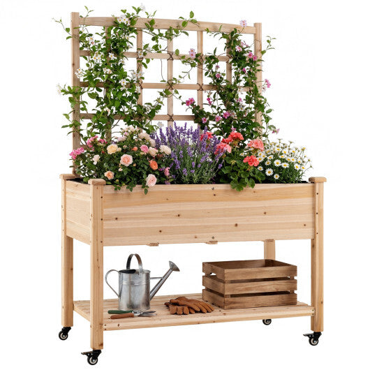 Wooden Mobile Raised Garden Bed on Wheels with Trellis-Natural W2B