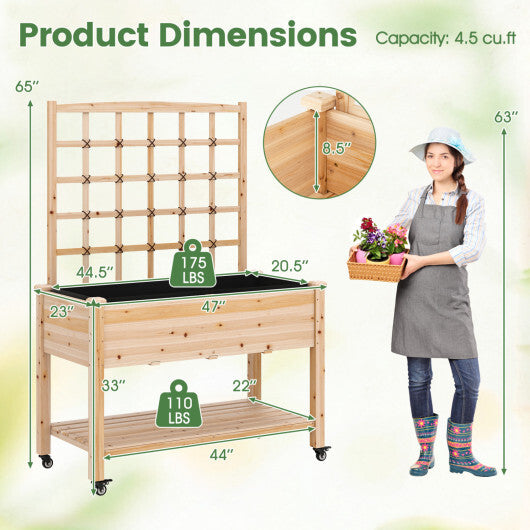 Wooden Mobile Raised Garden Bed on Wheels with Trellis-Natural W2B