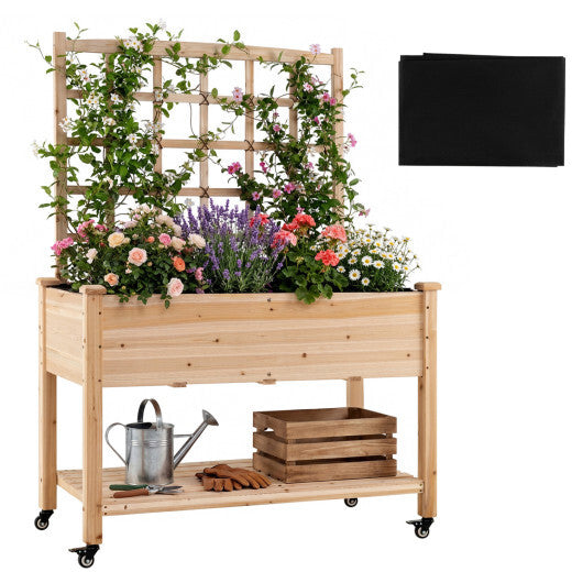 Wooden Mobile Raised Garden Bed on Wheels with Trellis-Natural W2B
