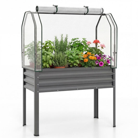 Galvanized Raised Garden Bed with Legs and Greenhouse Cover for Vegetable Flower-Gray W2B