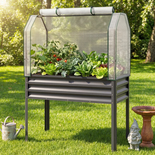 Galvanized Raised Garden Bed with Legs and Greenhouse Cover for Vegetable Flower-Gray W2B