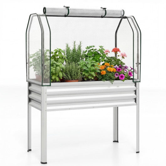 Galvanized Raised Garden Bed with Legs and Greenhouse Cover for Vegetable Flower-Gray W2B