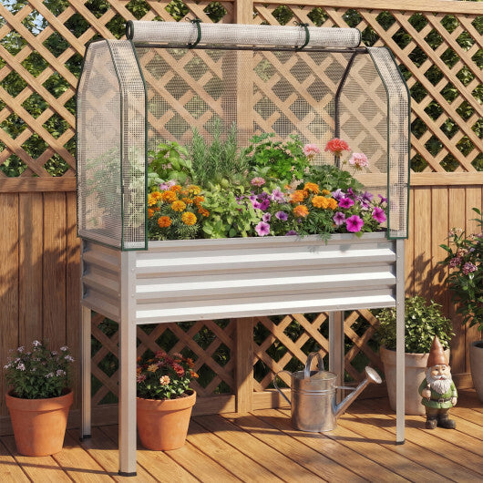 Galvanized Raised Garden Bed with Legs and Greenhouse Cover for Vegetable Flower-Gray W2B