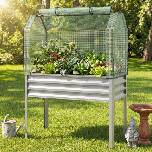 Galvanized Raised Garden Bed with Legs and Greenhouse Cover for Vegetable Flower-Gray W2B