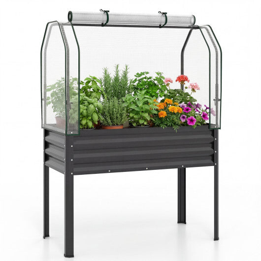Galvanized Raised Garden Bed with Legs and Greenhouse Cover for Vegetable Flower-Gray W2B