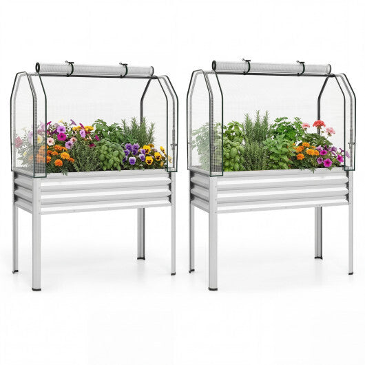 2 Pieces Galvanized Raised Garden Bed with Legs and Greenhouse Cover for Vegetable Flower-Silver W2B
