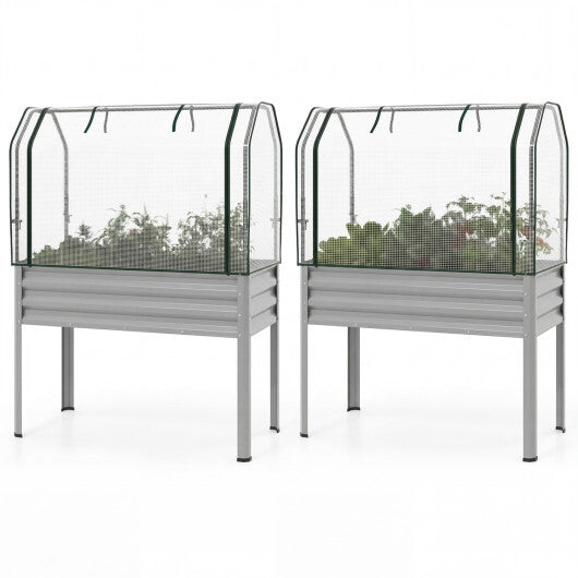 2 Pieces Galvanized Raised Garden Bed with Legs and Greenhouse Cover for Vegetable Flower-Silver W2B