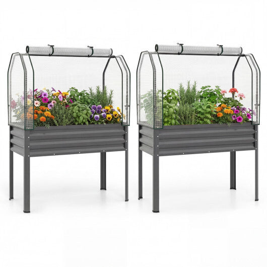 2 Pieces Galvanized Raised Garden Bed with Legs and Greenhouse Cover for Vegetable Flower-Silver W2B