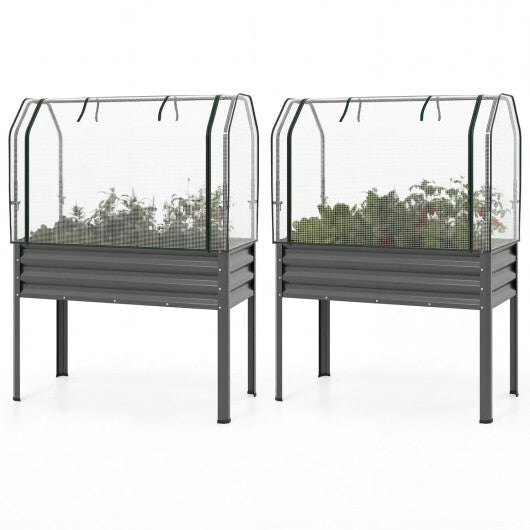 2 Pieces Galvanized Raised Garden Bed with Legs and Greenhouse Cover for Vegetable Flower-Silver W2B