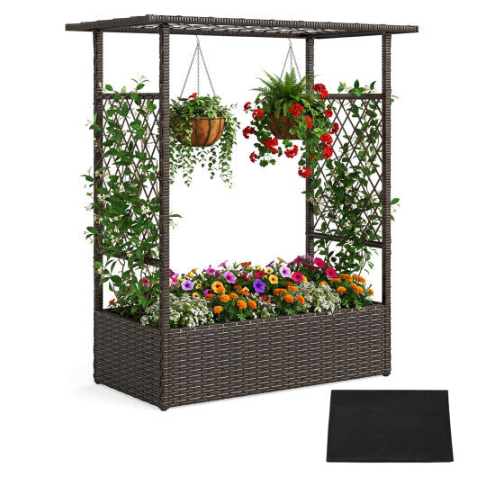 2-in-1 Raised Garden Bed with Hanging Roof and Trellises-Brown W2B