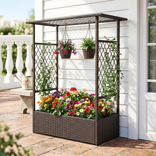 2-in-1 Raised Garden Bed with Hanging Roof and Trellises-Brown W2B