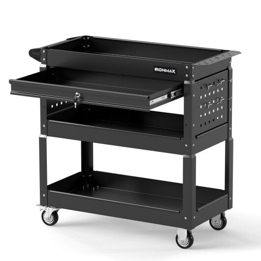 3 Tier Rolling Tool Cart with Lockable Drawer for Garage and Workshop-Black W2B