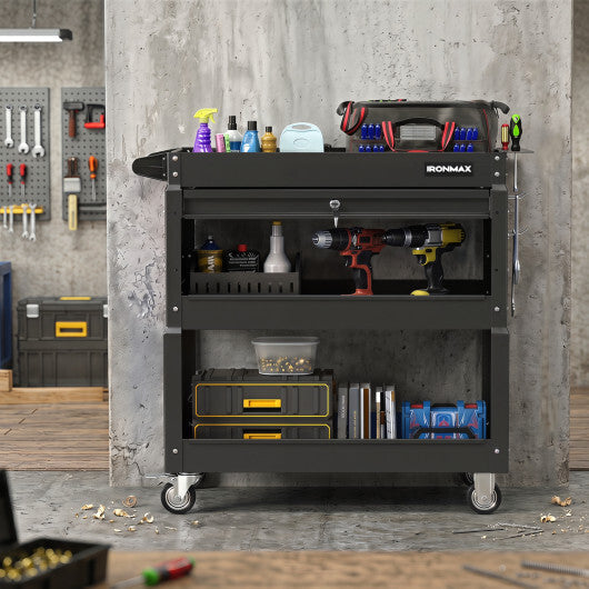 3 Tier Rolling Tool Cart with Lockable Drawer for Garage and Workshop-Black W2B