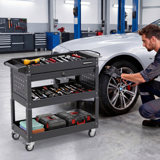 3 Tier Rolling Tool Cart with Lockable Drawer for Garage and Workshop-Black W2B