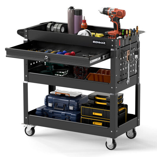 3 Tier Rolling Tool Cart with Lockable Drawer for Garage and Workshop-Black W2B