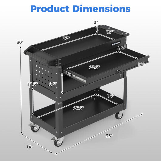 3 Tier Rolling Tool Cart with Lockable Drawer for Garage and Workshop-Black W2B