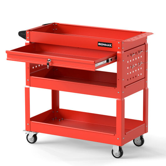 3 Tier Rolling Tool Cart with Lockable Drawer for Garage and Workshop-Black W2B