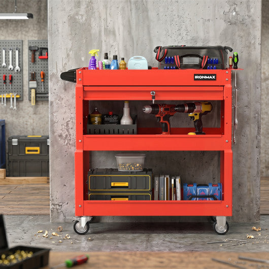 3 Tier Rolling Tool Cart with Lockable Drawer for Garage and Workshop-Black W2B