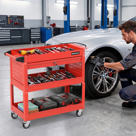 3 Tier Rolling Tool Cart with Lockable Drawer for Garage and Workshop-Black W2B