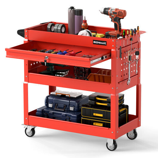3 Tier Rolling Tool Cart with Lockable Drawer for Garage and Workshop-Black W2B