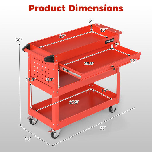 3 Tier Rolling Tool Cart with Lockable Drawer for Garage and Workshop-Black W2B