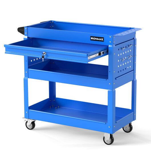 3 Tier Rolling Tool Cart with Lockable Drawer for Garage and Workshop-Black W2B
