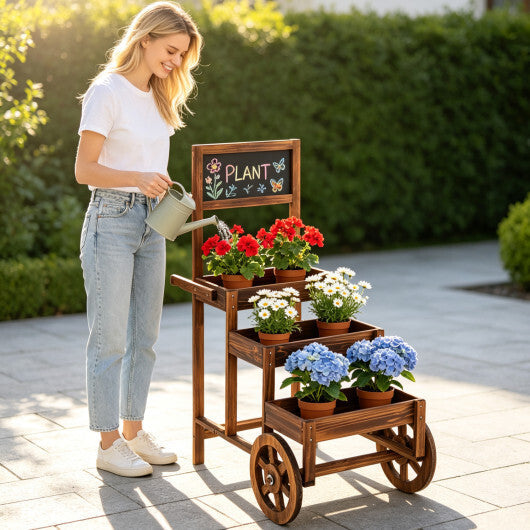 3-Tier Carbonized Fir Wood Plant Display Stand Wooden Dessert Candy Cart-Brown W2B
